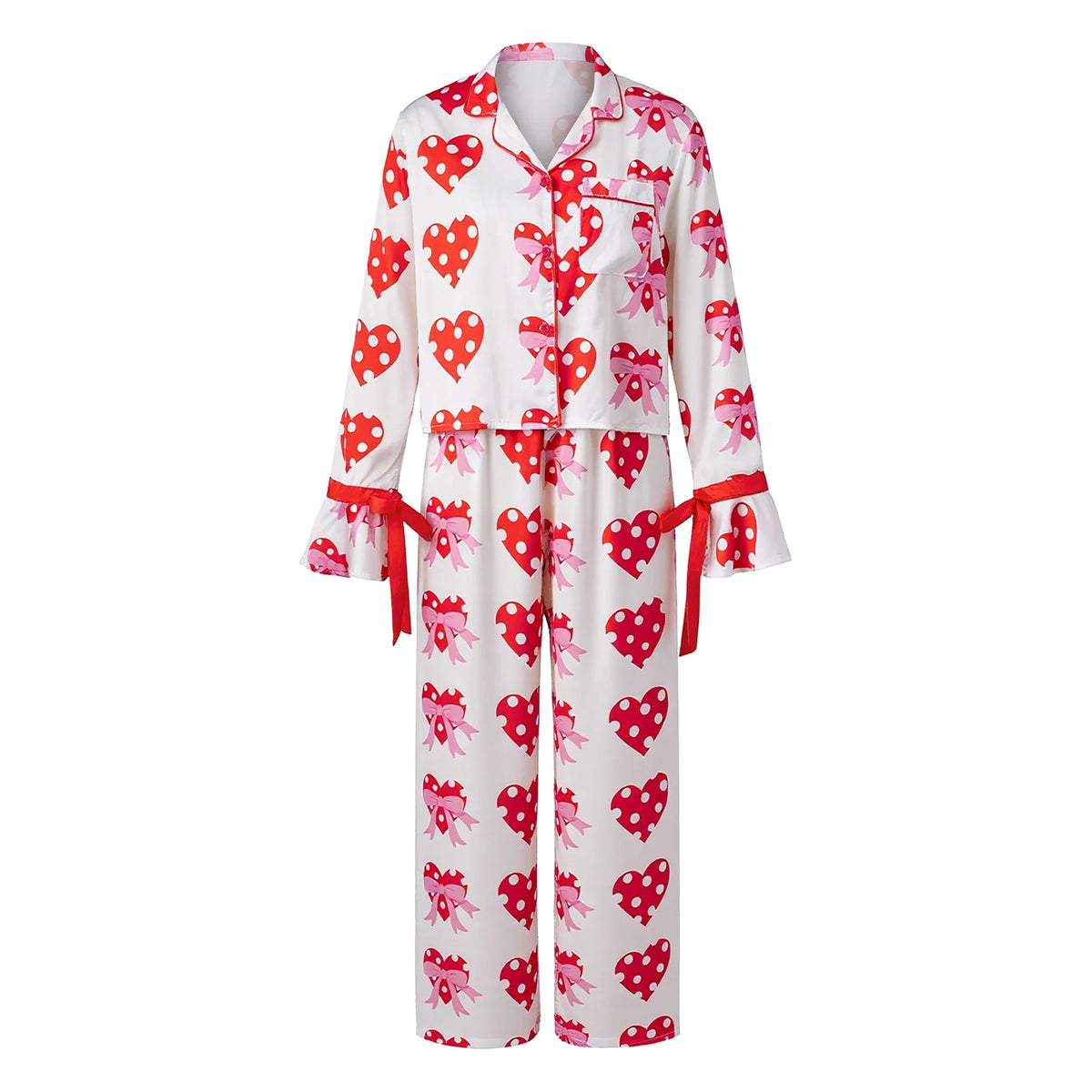 Women 2025 Heart Print Pajama Set Long Sleeve Button-up Tops and Pants 2 Piece Valentines Day Sleepwear Outfit