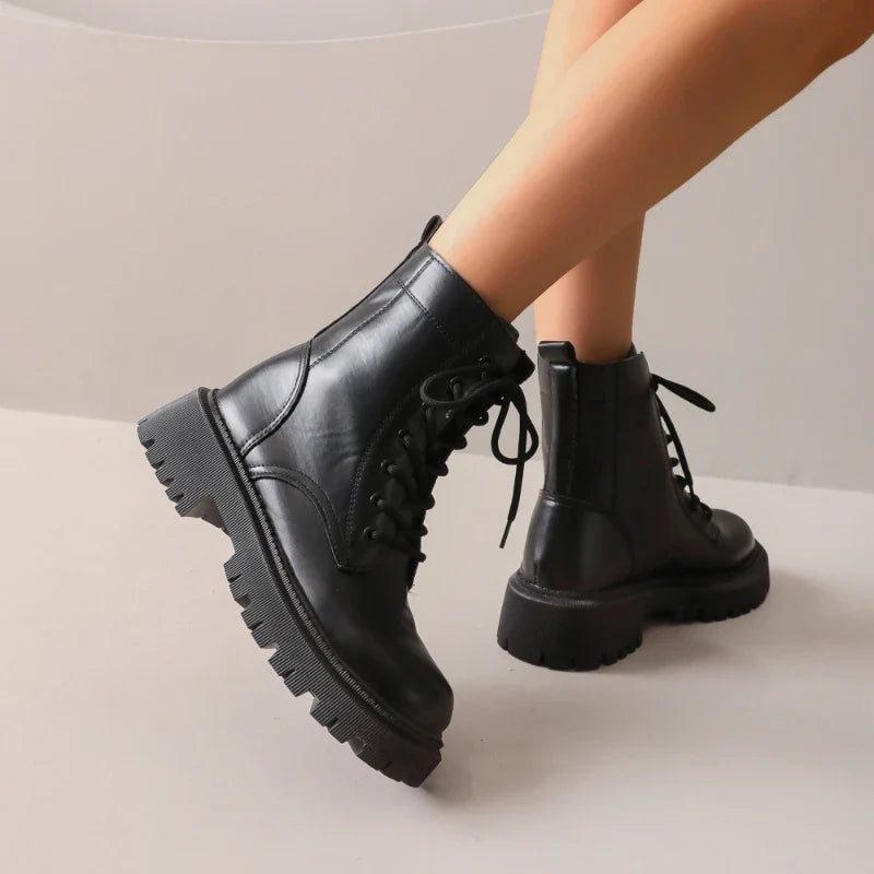 Women Lace Up Combat Ankle Boots PU Leather Chunky Lug Sole Round Toe Casual Winter Daily Shoes