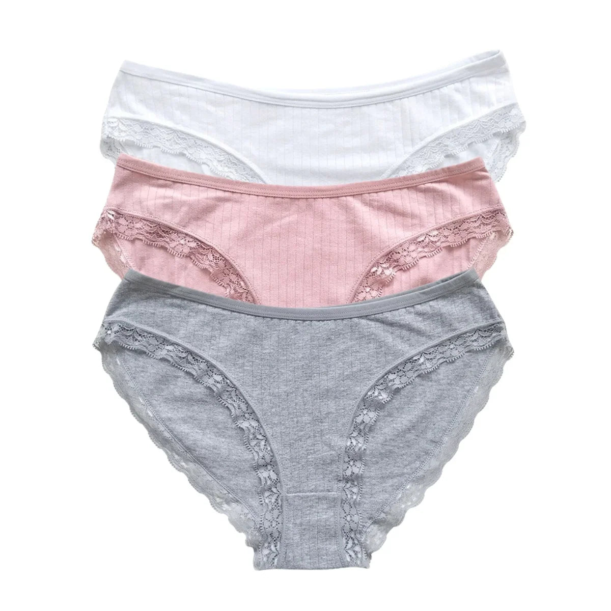 3Pcs/Set Cotton Panties Women Lace Trim Briefs Female Underpants Solid Color Soft Underwear Sexy Lingerie Intimates M-XL
