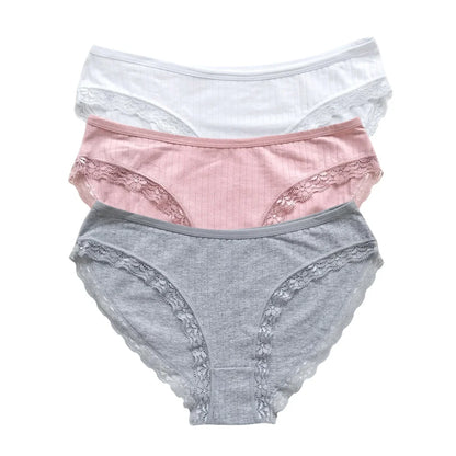 3Pcs/Set Cotton Panties Women Lace Trim Briefs Female Underpants Solid Color Soft Underwear Sexy Lingerie Intimates M-XL
