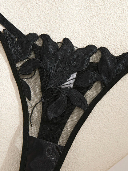 Black Lily Embroidered Bra Set - Satin Edged Transparent Mesh Adjustable Shoulder Strap Sexy Thong Set ZA824031