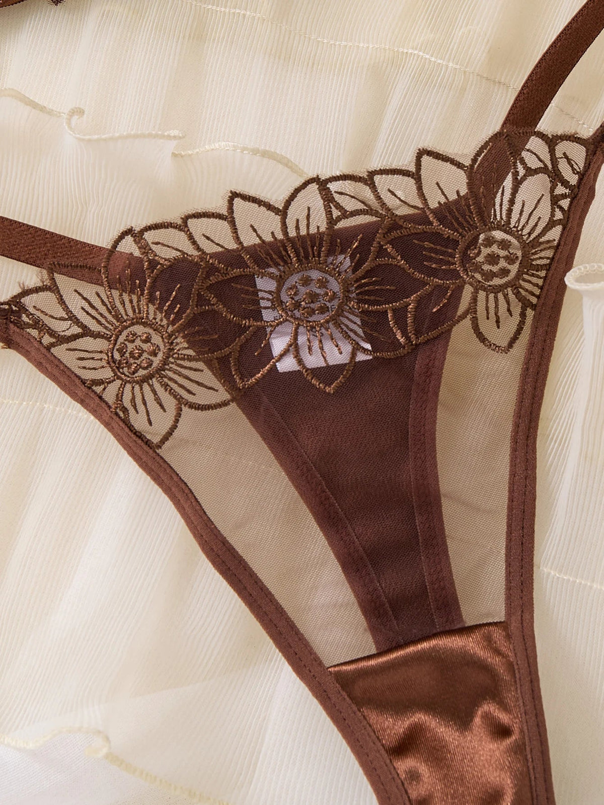 Coffee Brown Floral Embroidery Satin Mesh Lingerie Set Underwire Bra With Matching Thong Women Sexy Intimates ZA825126