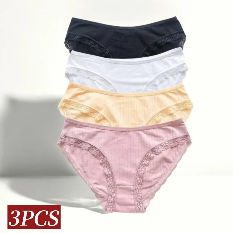 3Pcs/Set Cotton Panties Women Lace Trim Briefs Female Underpants Solid Color Soft Underwear Sexy Lingerie Intimates M-XL