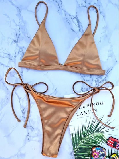 2025 Metallic Satin High Cut Brazilian Bikini Women Swimwear Female Swimsuit Two-pieces Bikini Set Bathing Suit Swim Beach Wear