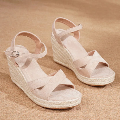 Yellow Soft Espadrille Wedge Heel Sandals Women Adjustable Ankle Strap Pink Jute Platform Summer Shoes Big Size 43