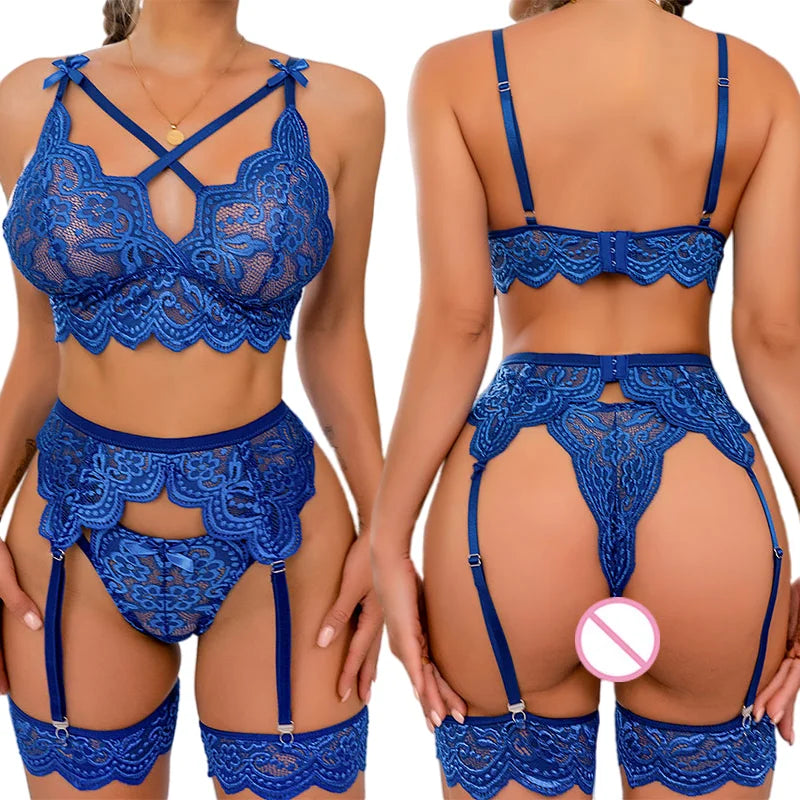 Blue Hot Erotic Mesh Exquisite Lingerie Set Women Lace Bra &amp; Panty &amp;Garter Set Sexy Costume Solid Exotic Lingerie For Ladies