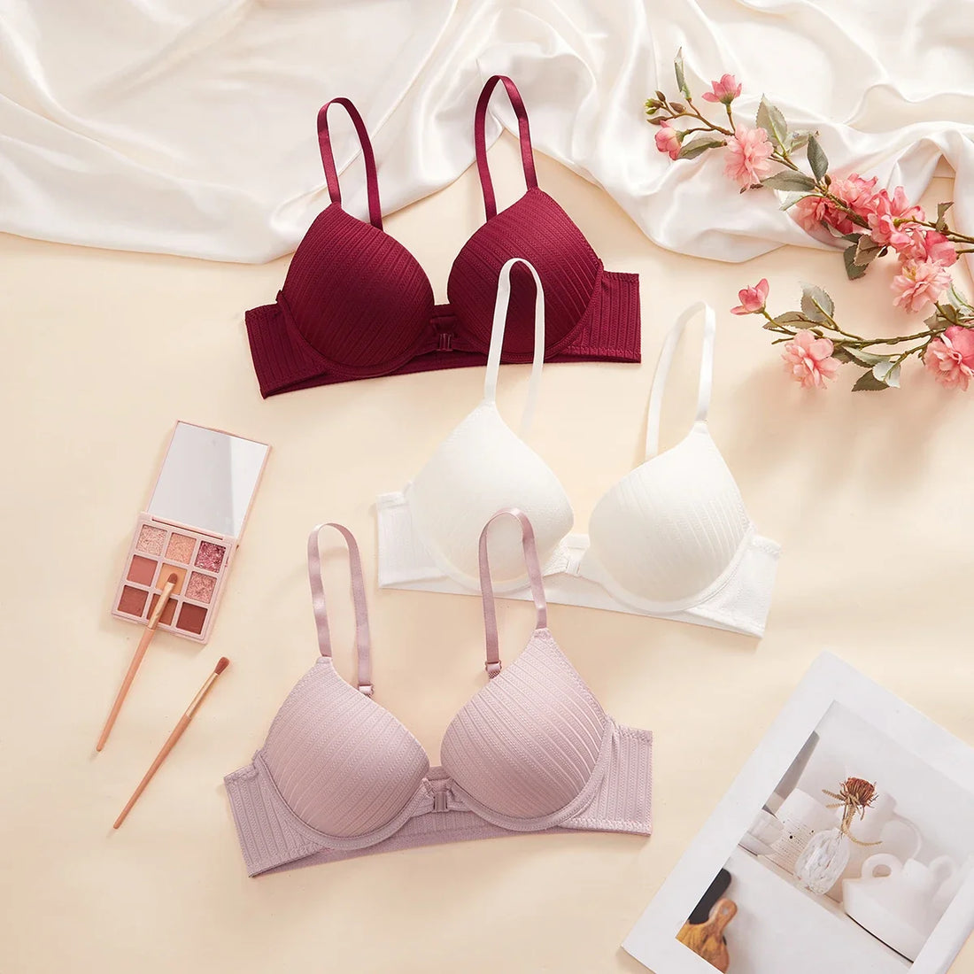1 3 5Pcs Pure and Simple Everyday Solid Bra Push up Sexy Bras Ribbed Fabric with Unlined Sweet Women&