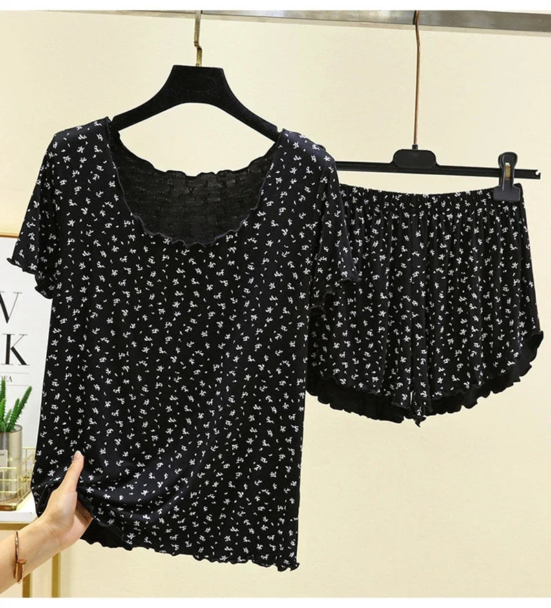 Chic Modal Floral Print 2Pcs Set Soft And Breathable Short-Sleeve Top And Shorts Loose Relaxed Fit Women&