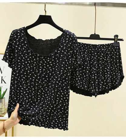 Chic Modal Floral Print 2Pcs Set Soft And Breathable Short-Sleeve Top And Shorts Loose Relaxed Fit Women&
