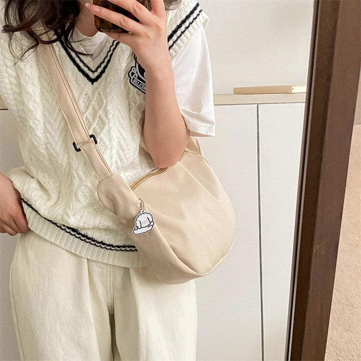 Minimalist Crossbody Bag With Puppy Pendant - Scratch-Resistant Nylon