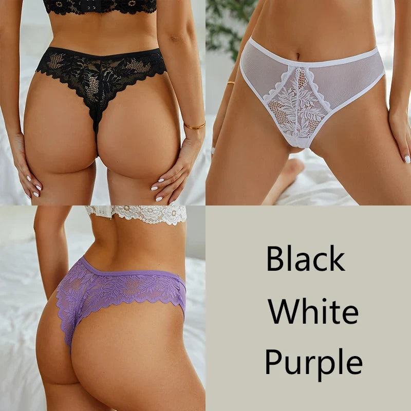 3-Piece Lace Thong Set for Women — Sexy Low-Rise G-String Panties