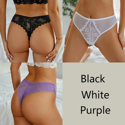 3-Piece Lace Thong Set for Women — Sexy Low-Rise G-String Panties