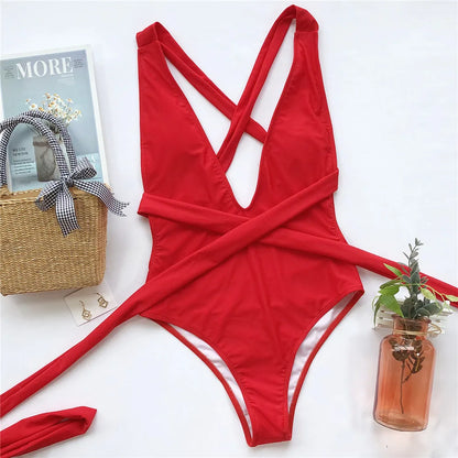 Sexy Red Cross Bandage Backless Swimwear One Piece Swimsuits Woman 2026 Knotted Straps Swimming Bathings Suit V Neck Bodysuits