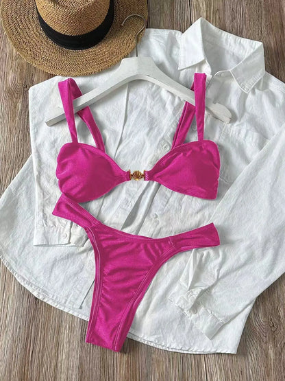 Sexy Metal Shell Ornament Bikini Set 2026 Women Hot Pink Pleate Push Up Bra Thong Swimsuit Summer Bathing Suit Micro Swimwear