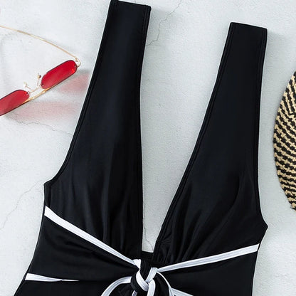Black One Piece Swimsuit for Women 2026 Summer New Bikini,high Waist Contrast Belt Swimwear,deep-V Neck Backless Bathing Suit