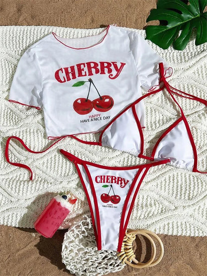 XS -XL Cherry Printed Short Sleeve Bikini Female Swimsuit Women Swimwear Three-pieces Bikini set Bather Bathing Suit Swim V6854