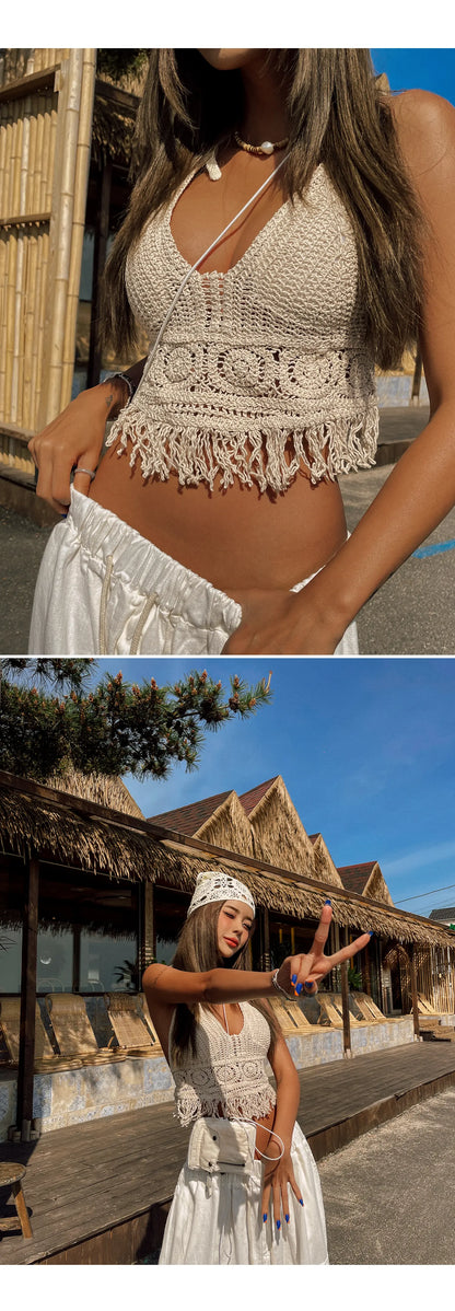 Boho Crochet Halter Top for Women Summer Beach Knit Crop Top with Tassels Backless Sleeveless Bralette