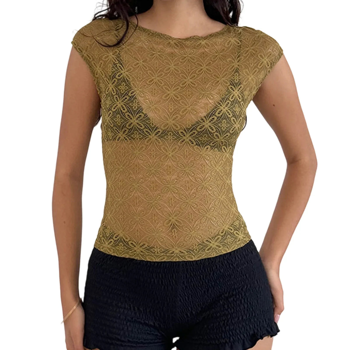Women Summer Solid Color Sheer Lace Crop Tops Cap Sleeve Scoop Neck Solid Color T-Shirts
