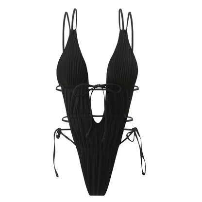 2026 New Deep V One Piece Black Swimsuit Halter Solid Color Women&