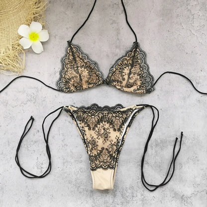 Sexy Black Lace Long Pants 3 Piece Bikini Set Women Push Up Bra Bandage Triangle Swimsuit Beach Bathing Suit Holiday Swimwear