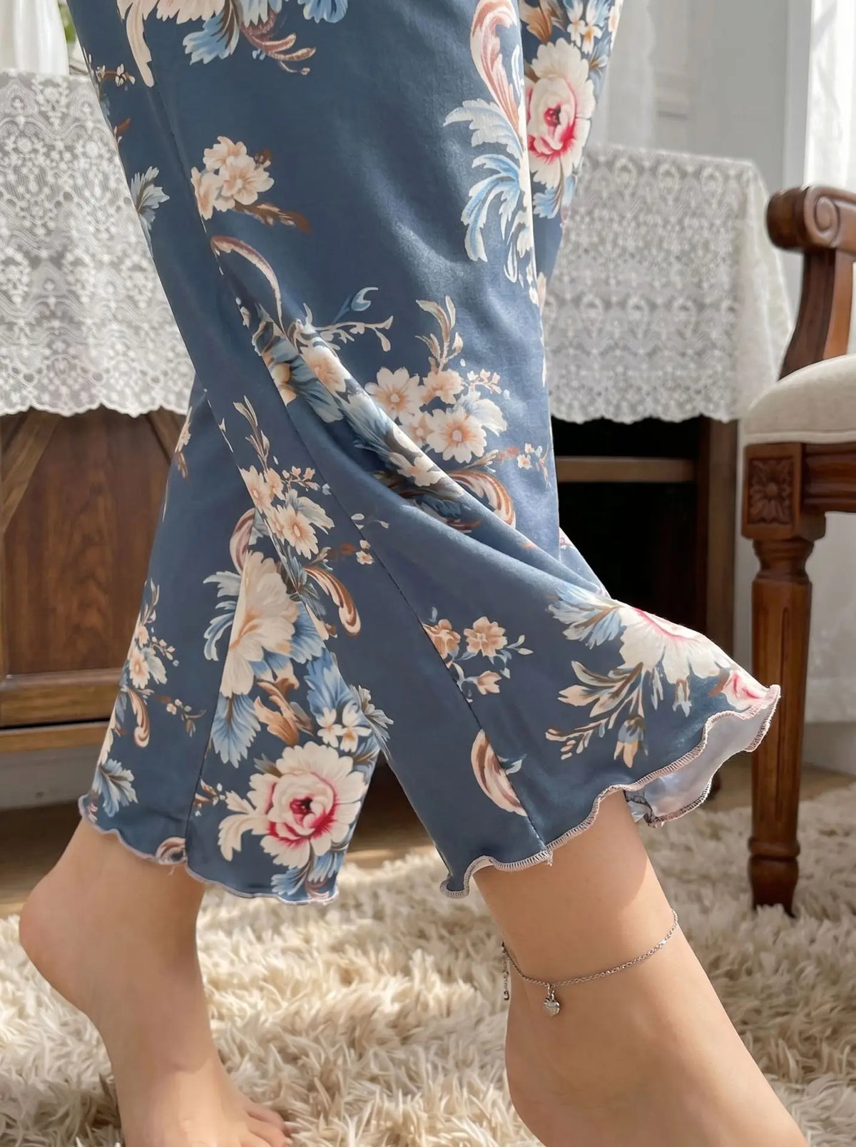 Women Floral Print Pajama Set, 2Pcs Sleeveless Cami Top and Long Pants Soft Sleepwear Loungewear