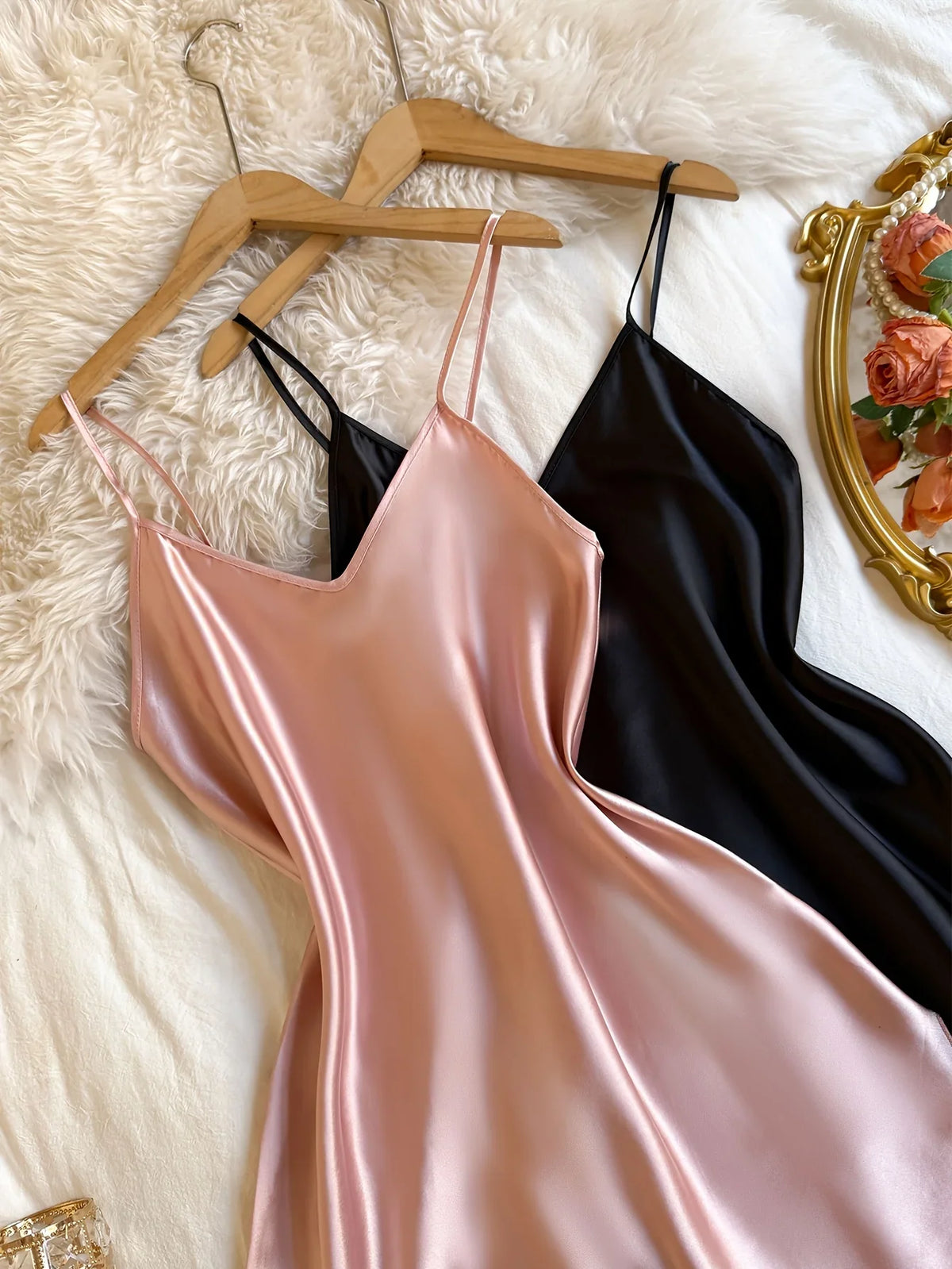 New 2 Pieces Women Nightgown Solid Color V Neck Thin Spaghetti Straps Sleep Dress Elegant Thin Ladies Home Night Dress