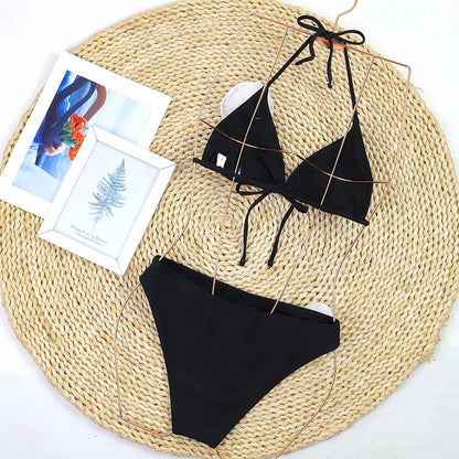 3D Floral Print Brazilian Micro Bikini Set Solid Color Sexy Women&