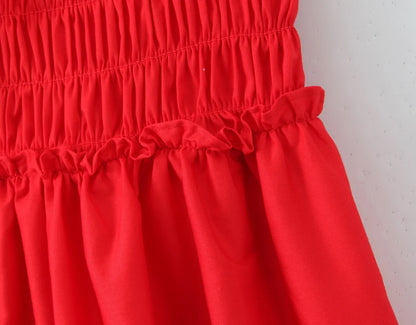Cotton Summer Red Short Dress Women Strapless Beach Mini Dress Casual Ruffles Spaghetti Strap Boho Party Sleeveless Dress