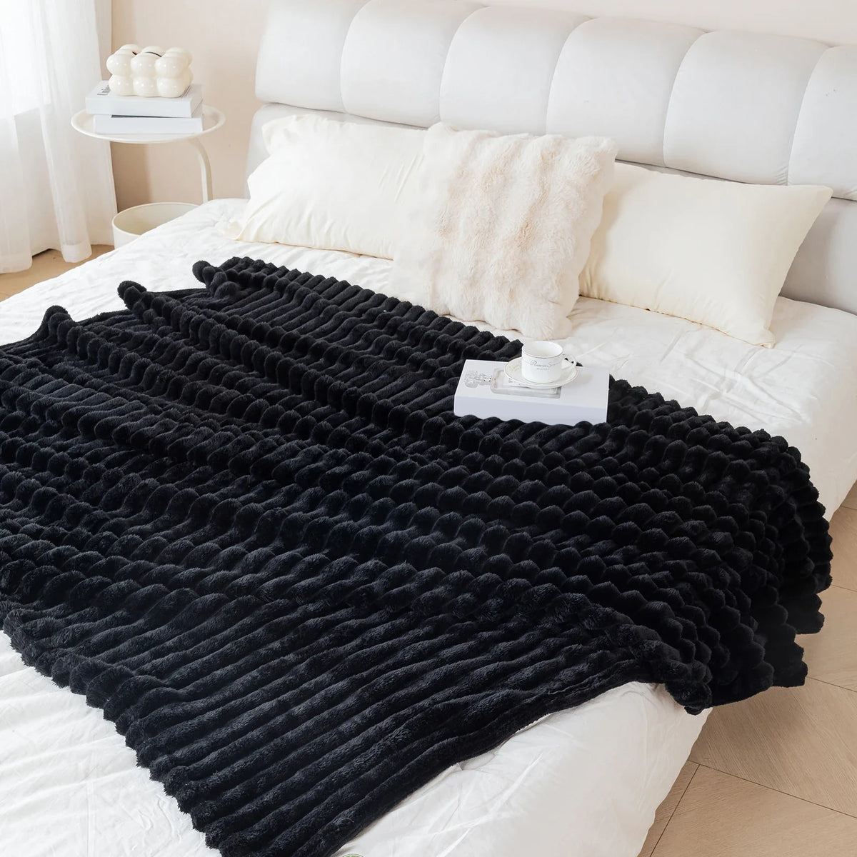 1pc solid color thick wide stripe multifunctional blanket, can be used as bed sheet covering blanket, nap blanket, pet blanket
