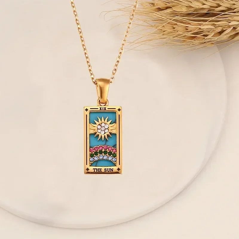 YILUOCD Original Zirconia Tarot Card Necklace Classic Tarot Queen Lover Magician Moon Wealth Amulet Stainless Steel Jewelry