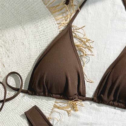Brown String Halter Triangle Bikini Ribbed Solid Swimwears Sexy Swimsuit Women 2026 Padded Bikinis Sets Bathing Swimming Suit