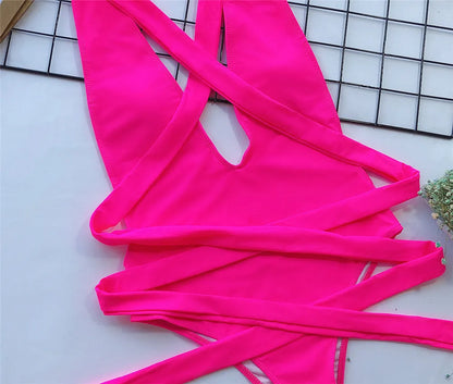 Sexy Red Cross Bandage Backless Swimwear One Piece Swimsuits Woman 2026 Knotted Straps Swimming Bathings Suit V Neck Bodysuits
