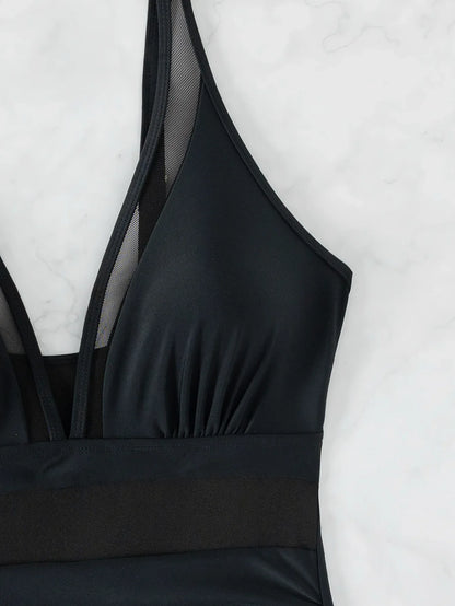 Solid Color One Piece Bikini for Women,sexy Deep-V Neck Suspender Backless Swimsuit,high Waist Translucent Striped Mesh Swimwear