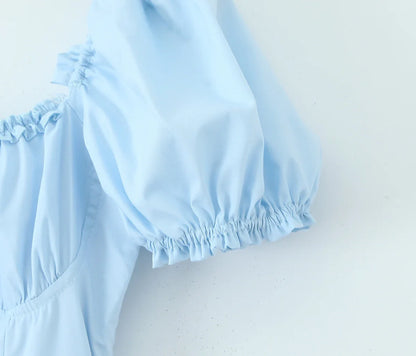 Bowknot Ruffles Light Blue Midi Dress Women&