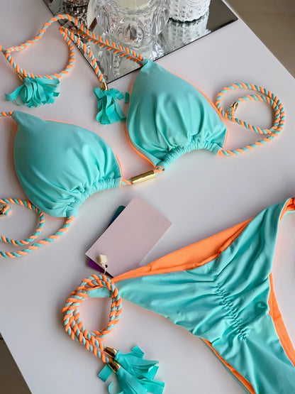 Sexy Solid color Two-piece Triangle Swimwear Women&
