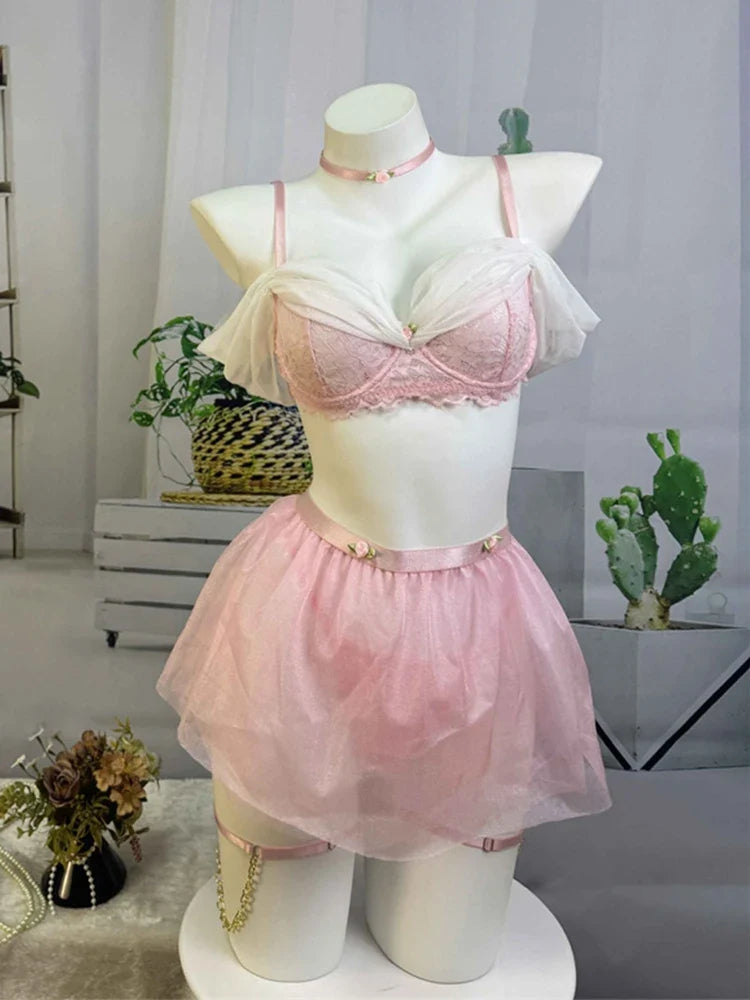Fairy Sexy Lingerie Lace Bra Mini Skirt G-strings 5 Pieces Women&