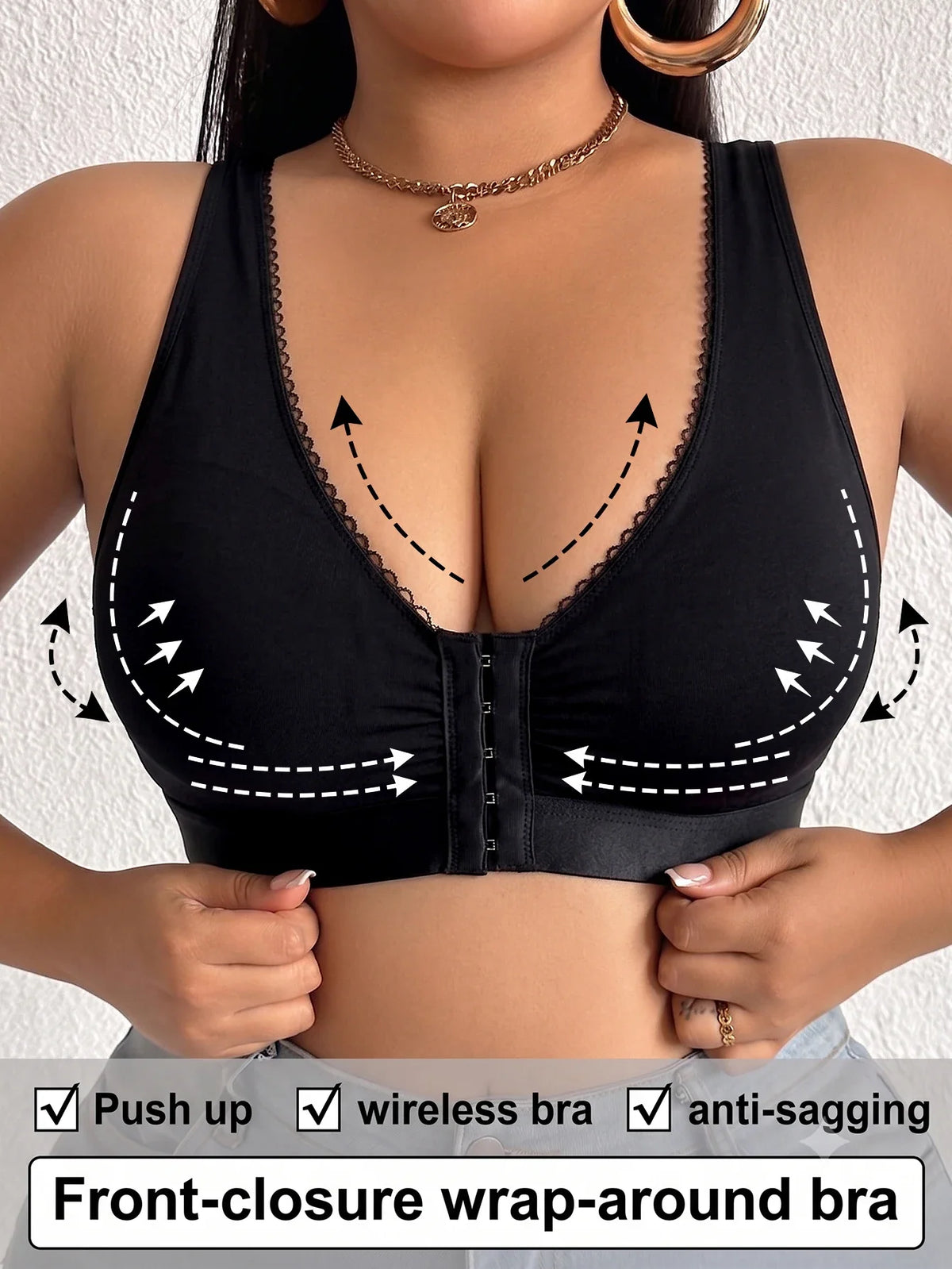 Full Cup Plus Size Women Bra Front Closure Wireless Unlined Thin Cup Gathering Brassiere Comfort Side Support Everyday Bra