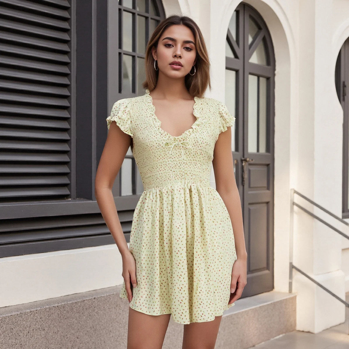 Summer Plaid Rompers Mini Dress for Women Fashion Short Sleeve Sexy Deep V Neck Smocked Waist Slim Plaid Playsuit Jumpsuits