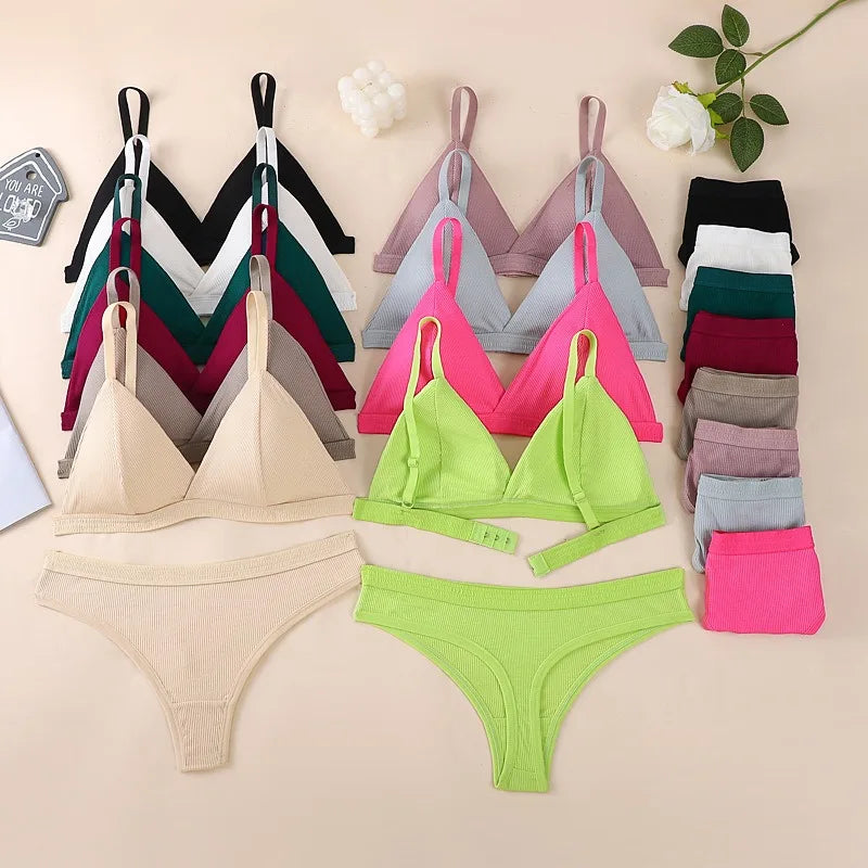 Women Cotton Bra and Panties Set Wireless Push-Up Bra Low-Waist Thongs G-string Sexy Lingerie Women&