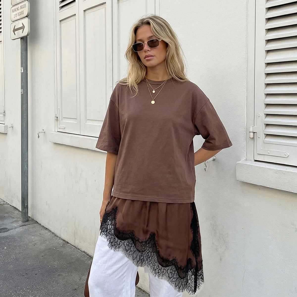Women 3/4 Length Sleeve Crew Neck Casual Loose Fit Long Tops Summer Lace Patchwork Hem Solid Color T Shirts