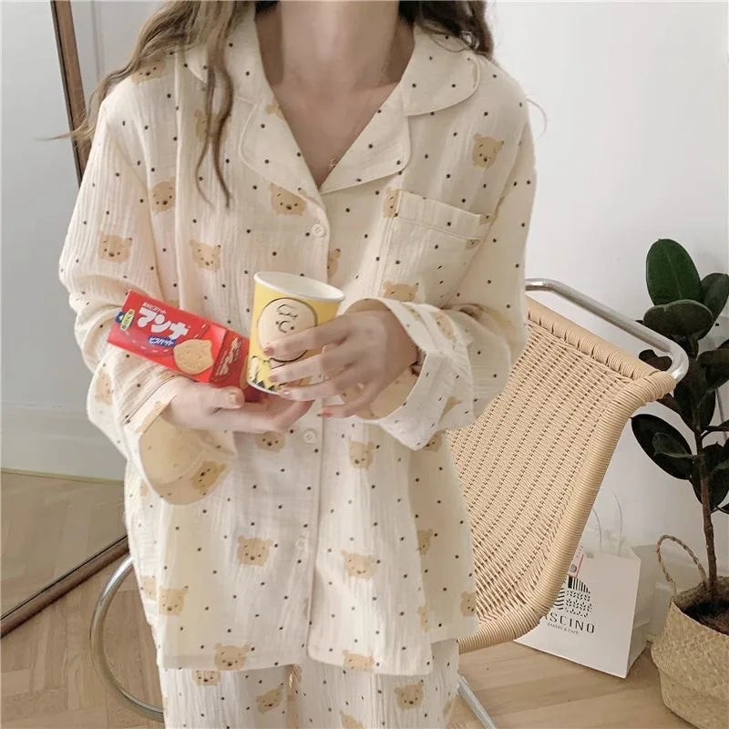 Spring New Long-Sleeved Pajamas Female Rustic Style Floral Imitation Cotton Wrinkled Cloth Loose Girls Sweet Pajamas Homewear Se