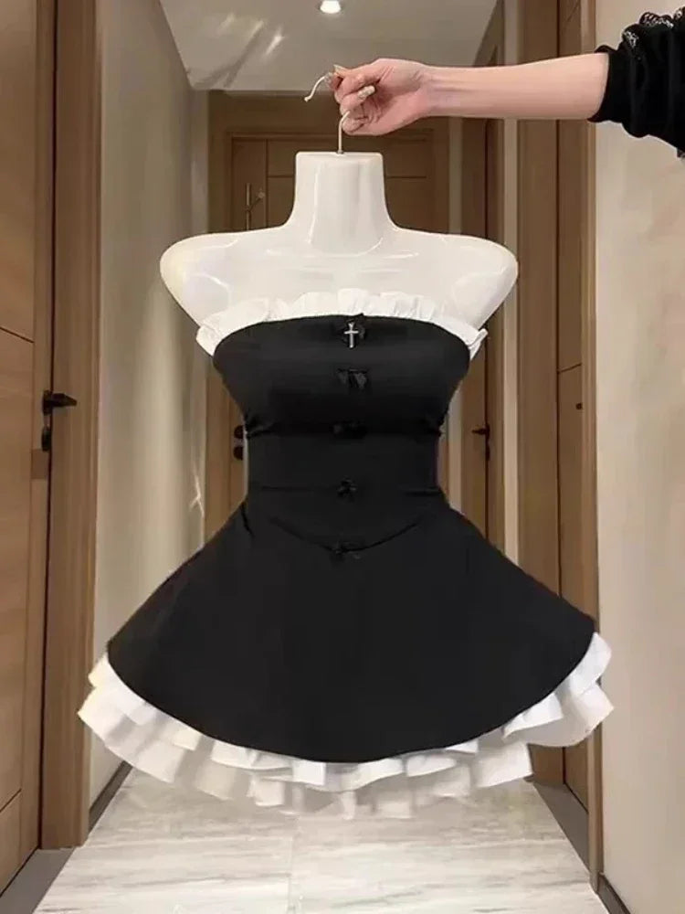 Black French Vintage Elegant Design Woman Dress Gothic Off Shoulder Retro Mini Dress Female Fairy Birthday Party Chic Outfits