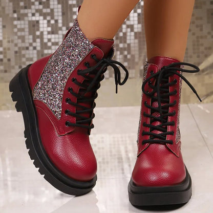 Retro Red Bling Shiny Boots for Women Lace Up Plus Size Ankle Boots Woman Spring Autumn Round Toe Thick Bottom Botas Mujer