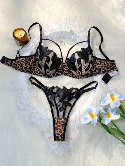 Retro leopard print patchwork floral embroidery lingerie set - Sophisticated netting 3/4 cup shaping bra thong set ZA825183