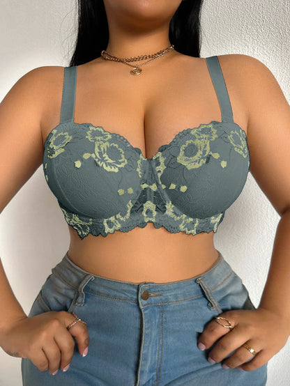 Daily Wide Strap Plus Size Women Bra Lace &amp; Embroidery Push up Bra Comfort Thin Cup Underwire Support Lingerie Bra