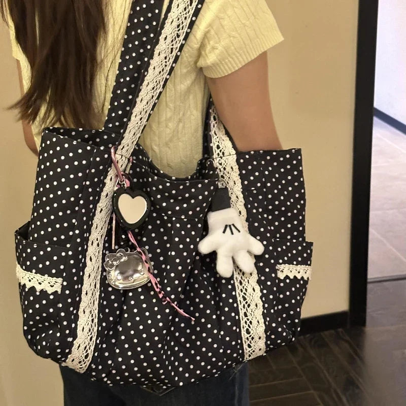 Sweet Lace Shoulder Bag Korean Style Canvas Tote With Polka Dot Pattern Large Capacity And Multi Pocket