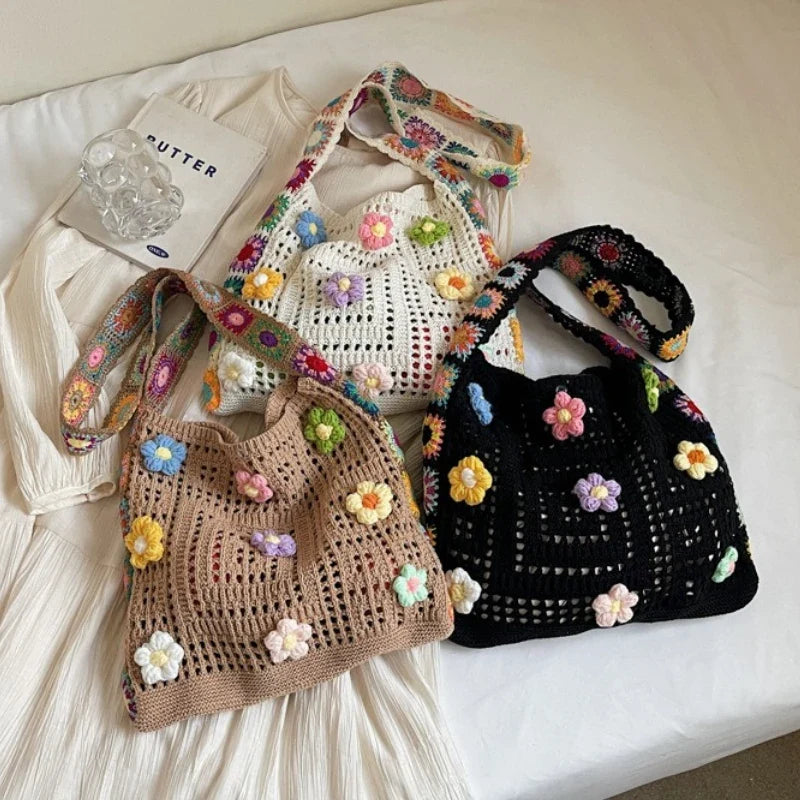 Dawndesslo Boho Crochet Bag Floral Knitted Handbag With Large Capacity