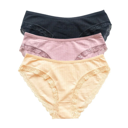 3Pcs/Set Cotton Panties Women Lace Trim Briefs Female Underpants Solid Color Soft Underwear Sexy Lingerie Intimates M-XL
