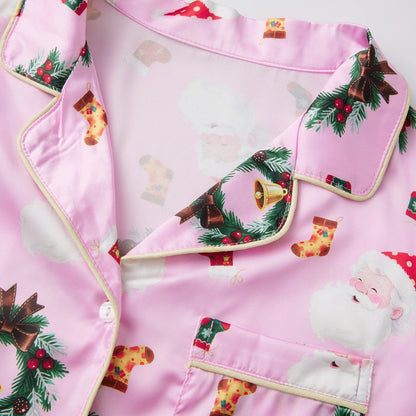 Women 2025 Christmas Pajama Set Santa Wreath Print Long Sleeve Button-up Tops and Elastic Waist Pants 2 Piece Sleepwear Outfit