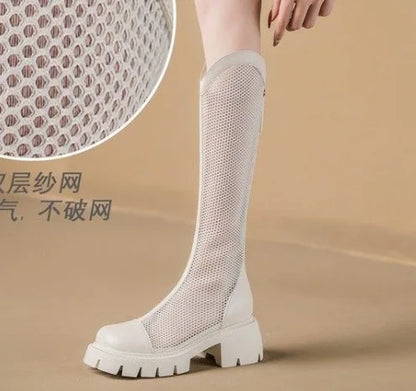 Women Summer Knee-high Mesh High Boots Female Breathable Platform Mesh Lace-up Knight Boots Thick Heel Hollow Long Knight 2025